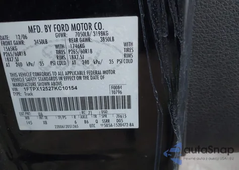 2007 Ford F-150 Lariat/Stx/Xl/Xlt from USA, damaged, VIN 1FTPX12527KC10154